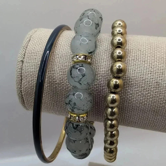 J. Crew Navy Blue and goldtone Bangle plus two Beaded Bracelets bundle - Picture 1 of 10
